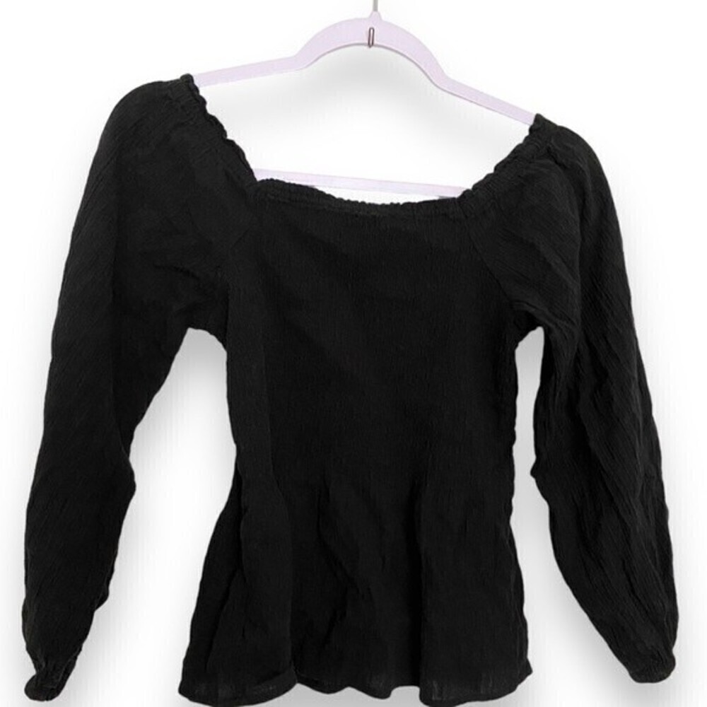 Madewell Blk Peasant Smocked Square Neckline Peplum Top Long Off Shoulder Sleeve